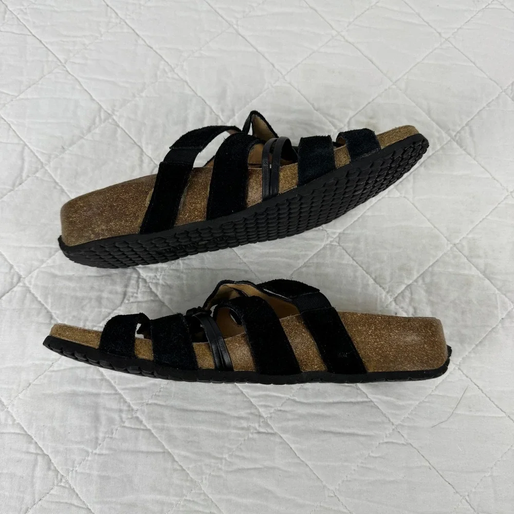 Haflinger‎ Black Suede Leather Strappy Cork Slide Sandals Womens 38 US 7